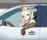  1girl a-91_(girls&#039;_frontline) absurdres alcohol blonde_hair blush brown_eyes car driving elbow_gloves fingerless_gloves girls_frontline gloves ground_vehicle hair_between_eyes hat highres hip_flask holding long_hair looking_at_viewer motor_vehicle ponytail seatbelt smile solo spilling upside-down yanagui 