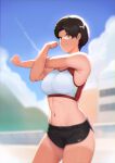  1girl absurdres black_hair black_shorts blue_sky blurry blurry_background breasts brown_eyes closed_mouth clouds commentary_request day depth_of_field highres large_breasts looking_at_viewer midriff moebell navel original outdoors short_hair short_shorts shorts sky smile solo sports_bra standing stretch tan tanlines tomboy 
