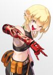  1girl autism_wanderer blonde_hair blurry depth_of_field ear_piercing earrings elf eyebrows_visible_through_hair highres jewelry mechanical_arms original piercing pointy_ears prosthesis short_hair simple_background single_mechanical_arm tank_top tongue tongue_out tongue_piercing violet_eyes 