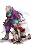  2boys armor blue_eyes blue_hair bodysuit boots breath_of_fire breath_of_fire_iii clenched_teeth hankuri kneeling long_hair looking_to_the_side multiple_boys purple_bodysuit purple_hair red_eyes ryuu_(breath_of_fire_iii) serious short_hair simple_background sweatdrop sword teepo teeth weapon white_background 