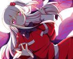  1girl black_neckwear blush bow capelet dress eyebrows_visible_through_hair hair_bobbles hair_ornament index_finger_raised long_hair long_sleeves multiple_wings one_side_up red_dress red_eyes ribbon shade shinki_(touhou) silver_hair simple_background smile solo touhou touhou_(pc-98) wide_sleeves wings zeroko-san_(nuclear_f) 