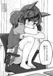  1girl absurdres animal_ears bangs blush chain commentary_request desk feet_on_chair frilled_skirt frills full_body greyscale hair_ribbon highres horse_ears kanikanitengoku knees_to_chest monochrome nice_nature_(umamusume) pleated_skirt puffy_short_sleeves puffy_sleeves ribbon short_sleeves short_twintails sitting skirt solo thigh-highs thought_bubble translation_request twintails umamusume 