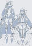  2girls absurdres armor bare_shoulders belt bow claw_(weapon) closed_mouth clothing_cutout collarbone daydremec eyebrows_visible_through_hair fate/grand_order fate_(series) greaves grey_background greyscale hair_between_eyes hair_bow highres huge_weapon long_hair looking_at_viewer meltryllis_(fate) monochrome multiple_girls navel o-ring parted_lips passionlip_(fate) shoulder_cutout sitting sleeves_past_fingers sleeves_past_wrists smile standing tile_floor tiles weapon 