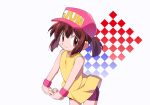  1girl bakusou_kyoudai_let&#039;s_&amp;_go!! baseball_cap bike_shorts brown_eyes brown_hair hands_together hat kaidou_zx pink_headwear ponytail purple_shorts sagami_jun shirt short_hair short_shorts shorts sleeveless sleeveless_shirt smile solo wristband yellow_shirt 