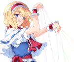  1girl alice_margatroid bangs belt blonde_hair blue_dress blue_eyes blush bow breasts cape dress eyebrows_visible_through_hair from_side hair_between_eyes hairband hands_up highres ichimura_kanata looking_at_viewer medium_breasts open_mouth puffy_short_sleeves puffy_sleeves red_belt red_bow red_hairband red_neckwear short_hair short_sleeves simple_background smile solo touhou white_background white_cape wrist_cuffs 