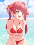  1girl :d arm_under_breasts bangs bikini blush breast_squeeze breasts clouds collarbone day eyebrows_visible_through_hair hair_ribbon head_tilt heterochromia highres hololive houshou_marine long_hair looking_at_viewer navel ocean open_mouth outdoors red_bikini red_eyes red_ribbon redhead ribbon shooot108 sky smile solo swimsuit twintails virtual_youtuber wet yellow_eyes 