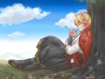  1boy apple_juice bangs black_footwear black_pants blonde_hair blue_sky boots cape cat_ear_headphones closed_mouth clouds commentary_request dated day drinking drinking_straw_in_mouth expressionless full_body headphones highres long_sleeves male_focus outdoors pants profile ragnarok_masters ragnarok_online red_cape red_eyes shirt short_hair sky solo tomo-graphy tree twitter_username under_tree white_shirt 