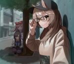  +_+ 3girls :3 adjusting_eyewear agnes_digital_(umamusume) alternate_costume alternate_hairstyle animal_ears baseball_cap behind_tree blurry blurry_background bow bowtie brown_hair chigemisoneki collarbone depth_of_field ears_through_headwear fountain_pen glasses hair_bow hat highres holding holding_notebook holding_pen horse_ears horse_girl horseshoe_ornament long_hair looking_at_viewer medium_request multiple_girls notebook otonashi_etsuko pen pink_hair pov purple_shirt red_bow sailor_collar sailor_shirt school_uniform shadow shirt sidelocks smart_falcon_(umamusume) tracen_school_uniform umamusume white_bow white_neckwear winter_uniform yellow_eyes 