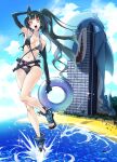  1girl absurdres animal_costume architect_(girls&#039;_frontline) beach black_footwear black_hair black_swimsuit blue_sky breasts clouds collarbone commission day eudetenis girls_frontline highres innertube long_hair looking_at_viewer medium_breasts navel ocean open_mouth outdoors palm_tree sand sangvis_ferri shark_costume shoes side_ponytail sky smile solo swimsuit tree violet_eyes 