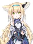  1girl :o animal_ear_fluff animal_ears arknights bangs bare_shoulders black_gloves blonde_hair blue_hairband blush breasts cloak covered_collarbone eyebrows_visible_through_hair fox_ears fox_girl fox_tail gloves green_eyes hair_between_eyes hairband highres kitsune langley1000 long_hair looking_at_viewer low_twintails parted_lips purple_shirt purple_skirt shirt simple_background skirt sleeveless sleeveless_shirt small_breasts solo suzuran_(arknights) tail twintails very_long_hair white_background white_cloak white_shirt 