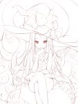  1girl abigail_williams_(fate) absurdres bow crossed_legs fate/grand_order fate_(series) hand_up hat hat_bow highres looking_at_viewer monochrome nekojira red_eyes red_theme revealing_clothes sitting smile solo spot_color tentacles witch_hat 