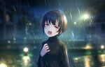  1girl artist_request bangs black_hair black_shirt blunt_bangs bob_cut crying crying_with_eyes_open hand_on_own_chest idolmaster idolmaster_cinderella_girls idolmaster_cinderella_girls_starlight_stage looking_at_viewer night official_art open_mouth outdoors rain shirayuki_chiyo shirt short_hair solo tears turtleneck violet_eyes wet wet_clothes wet_hair 