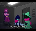  1boy 1girl 1other animated animated_gif armlet bad_id bad_tumblr_id black_footwear blue_skin colored_skin crossed_arms deltarune elevator english_text glasses green_headwear hat kris_(deltarune) looping_animation pink_skin ralsei sitting spiked_armlet susie_(deltarune) zomibom 
