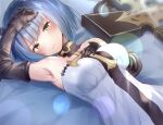  1girl arm_up armpits azur_lane bangs blunt_bangs commentary_request cross_choker cross_staff dress elbow_gloves eric_(tianqijiang) eyebrows_visible_through_hair gascogne_(azur_lane) gauntlets gloves looking_at_viewer lying on_back short_hair sidelocks solo strapless strapless_dress white_dress 