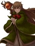  1girl blush bow brown_eyes brown_hair closed_mouth eyebrows_visible_through_hair fantasy green_robe hair_between_eyes highres holding holding_staff long_hair long_sleeves original red_bow robe siena_(moratoriummaga) simple_background solo staff white_background wide_sleeves 