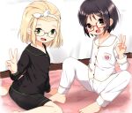  2girls alternate_costume barefoot black_hair black_pajamas black_shorts blonde_hair brown_eyes forehead glasses green_eyes hairband kantai_collection luigi_torelli_(kancolle) maru-yu_(kancolle) multiple_girls nassukun pajamas pants red-framed_eyewear semi-rimless_eyewear short_hair shorts sitting under-rim_eyewear v wariza white_hairband white_pajamas white_pants 