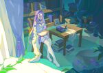  1girl 8945100 absurdres book bookshelf bug butterfly candle chair closed_eyes curtains detached_sleeves dress emilia_(re:zero) fish fish_tank flower frilled_dress frills goldfish hair_flower hair_ornament highres light_rays long_hair plant re:zero_kara_hajimeru_isekai_seikatsu room rose silver_hair sitting solo table tablecloth thigh-highs white_flower white_rose 