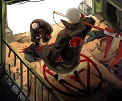  2boys akatsuki_(naruto) akatsuki_uniform black_nails blood blood_on_weapon corpse dark-skinned_male dark_skin hidan_(naruto) highres holding holding_weapon kakuzu_(naruto) long_sleeves mask mouth_mask multiple_boys nail_polish naruto_(series) naruto_shippuuden ninja ninja_mask sandals scythe standing toes weapon white_hair yi_(199702090505) 