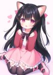  1girl :d animal_ear_fluff animal_ears black_bow black_hair black_legwear blush bow cat_ears collared_shirt commentary frilled_legwear frilled_skirt frills hair_ornament hairclip hands_up heart highres jacket long_hair long_sleeves looking_at_viewer open_clothes open_jacket open_mouth original over-kneehighs pink_footwear pink_skirt pleated_skirt red_eyes red_jacket shirt shoes sitting skirt sleeves_past_wrists smile solo thigh-highs two_side_up usashiro_mani very_long_hair wariza white_shirt 