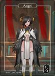  1girl angel artist_name bangs black_eyes black_hair black_wings cloak commentary english_commentary feathered_wings feathers hair_over_one_eye halo less long_sleeves looking_at_viewer no_panties one_eye_covered original pelvic_curtain smile solo thigh-highs white_legwear wings 