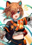  1girl animal_ears aqua_eyes aqua_hair aqua_nails aqua_ribbon colored_inner_hair dog_ears dog_girl dog_tail fangs hair_ornament hairclip highres hip_vent japanese_clothes midriff miyoshino_shiki multicolored_hair one_eye_covered orange_hair paw_print power_symbol prism_project prosthetic_ear ribbon rulacloi see-through_sleeves solo streaked_hair tail two-tone_hair 