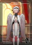  1girl :d angel angel_wings artist_name cloak closed_eyes commentary english_commentary facing_viewer halo hat less long_sleeves no_panties open_mouth original own_hands_clasped own_hands_together pelvic_curtain short_hair smile solo thigh-highs white_hair white_legwear wings 