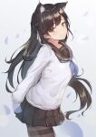  1girl atago_(azur_lane) atago_(school_daydream)_(azur_lane) azur_lane bangs black_hair black_legwear black_skin bow colored_skin commentary_request eric_(tianqijiang) extra_ears eyebrows_visible_through_hair from_side hair_between_eyes hair_bow hair_ribbon head_tilt highres leaning_forward long_hair long_sleeves looking_at_viewer looking_to_the_side pantyhose petals pleated_skirt ribbon school_uniform serafuku sidelocks skirt smile solo white_background wind yellow_eyes 