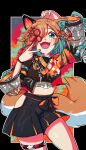  1girl animal_ears aqua_eyes aqua_hair aqua_nails aqua_ribbon colored_inner_hair dog_ears dog_girl dog_tail fangs hair_ornament hairclip highres hip_vent japanese_clothes midriff miyoshino_shiki multicolored_hair one_eye_covered orange_hair paw_print power_symbol pride-kun prism_project prosthetic_ear ribbon see-through_sleeves solo streaked_hair tail two-tone_hair 