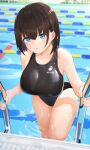  1girl black_hair blue_eyes breasts competition_swimsuit lane_line large_breasts one-piece_swimsuit original pool pool_ladder poolside swimsuit vegetablenabe wet 