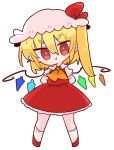  1girl :t ascot blonde_hair bow crystal flandre_scarlet frills hat hat_ribbon highres medium_hair mob_cap one_side_up op_na_yarou puffy_short_sleeves puffy_sleeves red_bow red_eyes red_ribbon red_skirt red_vest ribbon shirt short_sleeves simple_background skirt solo touhou vest white_background white_shirt wings yellow_neckwear 