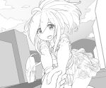  1girl 1other ahoge bag bracelet building clouds cowboy_shot dress dutch_angle english_commentary floral_print greyscale handbag heart holding_hands jewelry kay_yu long_hair looking_at_viewer monochrome necklace open_mouth original outdoors pink-haired_girl_(kay_yu) ponytail pov short_sleeves sketch smile solo_focus 