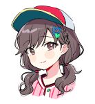  1girl baseball_cap braid brown_eyes brown_hair closed_mouth commentary_request hair_ornament hairclip hat heart highres looking_at_viewer multicolored_clothes multicolored_headwear official_alternate_costume official_alternate_hair_length official_alternate_hairstyle pjmiyo portrait project_sekai shinonome_ena simple_background smile solo split_mouth twintails white_background 