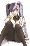    1girl black_legwear black_skirt capelet chigasaki_yukari feet_out_of_frame hair_bobbles hair_ornament hoshino_ruri kantai_collection kidou_senkan_nadesico kidou_senkan_nadesico_-_prince_of_darkness looking_at_viewer pantyhose pencil_skirt silver_hair simple_background sitting skirt solo twintails uniform white_background white_capelet yellow_eyes 