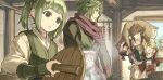  2boys 2girls :d ahoge animal_ear_fluff animal_ears armor bangs basket black_eyes blonde_hair blue_sky blunt_bangs bridal_gauntlets brown_hair carrying_over_shoulder circlet closed_eyes collarbone commentary_request dated_commentary day deer eyebrows_visible_through_hair father_and_daughter fire_emblem fire_emblem_fates fox_ears fox_girl fur_collar gradient_eyes green_eyelashes green_hair hair_ornament harusame_(rueken) holding holding_sack indoors japanese_clothes kaze_(fire_emblem) leaf leaf_on_head lid long_sleeves looking_at_another medium_hair midori_(fire_emblem) multicolored multicolored_eyes multicolored_hair multiple_boys multiple_girls ninja open_mouth parted_lips plant purple_scarf sack sash scarf selkie_(fire_emblem) shiny shiny_hair shiro_(fire_emblem) short_hair sidelocks sky smile standing steam streaked_hair sweatdrop tassel tied_hair twintails two-tone_hair upper_body violet_eyes 
