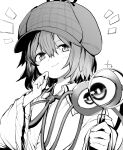  1girl absurdres aki_maki_yuu alternate_headwear bangs beret closed_mouth foul_detective_satori greyscale hat highres holding_magnifying_glass komeiji_satori long_sleeves looking_at_viewer magnifying_glass monochrome short_hair simple_background solo third_eye touhou upper_body wide_sleeves 