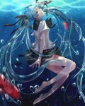  1girl 2015 barefoot black_bow black_neckwear black_ribbon black_sailor_collar black_skirt blue_hair blurry blurry_foreground bottle_miku bow bowtie collared_shirt dated fish floating_hair from_side green_eyes hair_ribbon hatsune_miku highres long_hair miniskirt na_yeon parted_lips pleated_skirt ribbon sailor_collar sailor_shirt shirt skirt solo twintails underwater very_long_hair vocaloid white_shirt 