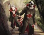  2boys akatsuki_(naruto) akatsuki_uniform dark-skinned_male dark_skin forehead forehead_protector full_body green_eyes hidan_(naruto) highres holding holding_another&#039;s_arm holding_paper jewelry kakuzu_(naruto) long_hair long_sleeves mask mouth_mask multiple_boys naruto_(series) naruto_shippuuden necklace ninja ninja_mask open_mouth outdoors paper ring sandals scythe toes tree violet_eyes weapon weapon_on_back white_hair yi_(199702090505) 