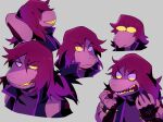 1girl bracelet colored_sclera colored_skin deltarune eyebrows eyebrows_visible_through_hair freckles hair_between_eyes jewelry monster_girl multiple_views purple_skin sharp_teeth smile spiked_bracelet spikes susie_(deltarune) teeth yellow_sclera yellow_teeth yojigazou yojio_(2188)