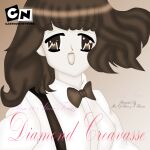  1990s_(style) 1girl animal_ears bangs ben_10 ben_10:_alien_force benjamin_kirby_tennyson blush bow bowtie brown_eyes brown_hair cartoon_network character_name cosplay dini_sn grey_background kimura_takahiro logo long_sleeves macross_frontier muted_color open_mouth parody sheryl_nome shirt short_hair solo suspenders sweetest_music takeuchi_mariya takeuchi_mariya_(cosplay) upper_body white_shirt 