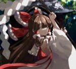  1girl bangs bow bright_pupils brown_eyes brown_hair dappled_sunlight day detached_sleeves eyebrows_visible_through_hair frilled_bow frills gohei hair_between_eyes hair_bow hair_tubes hakurei_reimu highres holding kontakutorenzu2 long_hair looking_at_viewer looking_back outdoors red_bow red_ribbon red_shirt ribbon shirt sidelocks solo sunlight touhou upper_body white_pupils wide_sleeves 