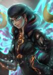  1girl artist_request ass bayonetta bayonetta_(series) bayonetta_3 black_hair braid clothing_cutout earrings eyeshadow glasses highres jewelry lipstick long_hair looking_at_viewer makeup mole mole_under_mouth multicolored_hair redhead simple_background smile solo streaked_hair twin_braids weapon 