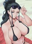  bikini black_bikini black_hair blue_eyes breasts eyewear_on_head highres large_breasts looking_at_viewer mature_female midriff navel nico_robin one_piece sunglasses swimsuit yomichiboy 