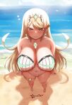  1girl absurdres awesomeerix bangs blonde_hair breasts chest_jewel gem grabbing headpiece highres large_breasts long_hair mythra_(radiant_beach)_(xenoblade) mythra_(xenoblade) one-piece_swimsuit ribbed_swimsuit strapless strapless_swimsuit striped swept_bangs swimsuit tiara vertical-striped_swimsuit vertical_stripes very_long_hair white_swimsuit xenoblade_chronicles_(series) xenoblade_chronicles_2 yellow_eyes 