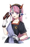  1girl :d aimai_(aimailskl) apex_legends b3_wingman black_dress blue_dress blue_hair collarbone crazy_raccoon dress eyebrows_visible_through_hair fake_horns gloves gun hand_on_hip highres holding holding_gun holding_weapon horns looking_at_viewer multicolored_hair open_mouth pink_hair revolver selly55 smile solo star_(symbol) streaked_hair two-tone_dress violet_eyes weapon white_gloves 