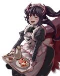  1girl black_hair black_neckwear blush cake cake_slice cup cupcake demon_girl demon_horns fang fantasy food fruit gloves heart highres holding holding_tray horns long_hair looking_at_viewer maid maid_headdress one_eye_closed open_mouth original pink_lips plate pointy_ears puffy_sleeves purple_horns red_eyes siena_(moratoriummaga) simple_background smile solo strawberry teacup teapot tongue tray twintails white_background white_gloves 