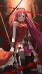  1girl blush bow highres long_hair magical_girl mahou_shoujo_madoka_magica polearm ponytail red_eyes redhead sakura_kyouko skirt solo spear spung weapon 