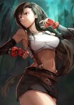  1girl bare_shoulders belt black_hair breasts detached_sleeves fighting_stance final_fantasy final_fantasy_vii fingerless_gloves gloves highres large_breasts long_hair nasubin_(user_tjyp5584) navel red_eyes red_gloves serious shaded_face shirt skirt solo stomach suspenders tifa_lockhart toned white_shirt 