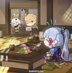  1boy 2girls aether_(genshin_impact) blonde_hair braid chibi closed_eyes commentary food genshin_impact highres indoors japanese_clothes light_blue_hair long_hair multiple_girls official_art one_eye_closed paimon_(genshin_impact) single_braid sitting smile table white_hair yellow_eyes 