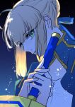  1girl ahoge artoria_pendragon_(fate) blonde_hair blue_background blue_ribbon braid crown_braid dress fate/stay_night fate_(series) french_braid from_side gradient gradient_background green_eyes highres ribbon roku_(ntbr_fate) saber solo sword weapon 