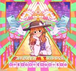  1girl alison_(alison_airlines) blush brown_hair building cellphone cover cropped_torso english_text flower frown glasses hand_on_own_cheek hand_on_own_face hat illuminati night night_sky phone school_uniform short_twintails sky skyscraper smartphone torii touhou twintails usami_sumireko zener_card 